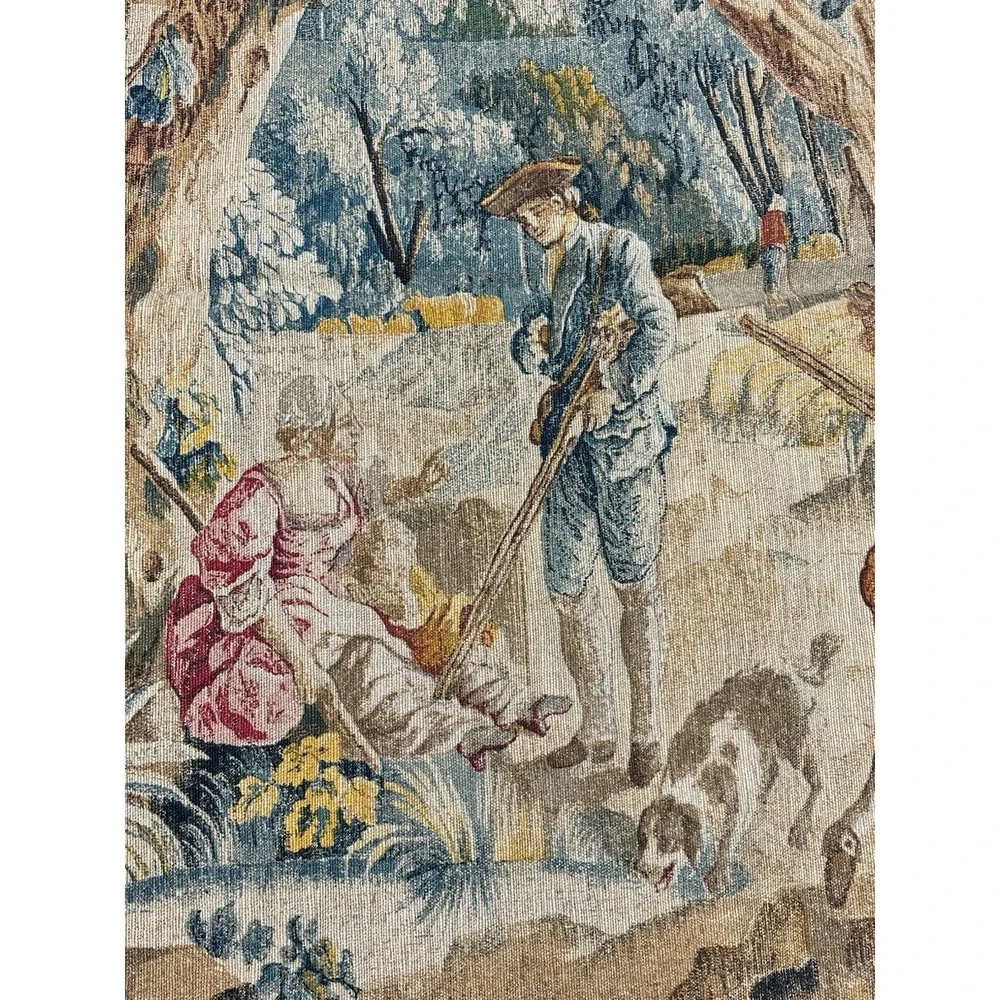 Antique French Aubusson Style Tapestry La Halte des Chasseurs Hunters' Rest